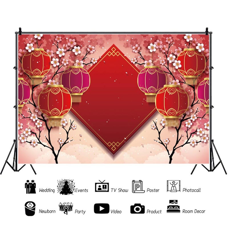 DASHAN 7x5ft Polyester Chinese Asian New Year Theme Party Backdrop Chinese Spring Festival Celebration Red Lantern Floral Flowers Photography Background New Year Party Adults YouTube Photo Props - Image 2